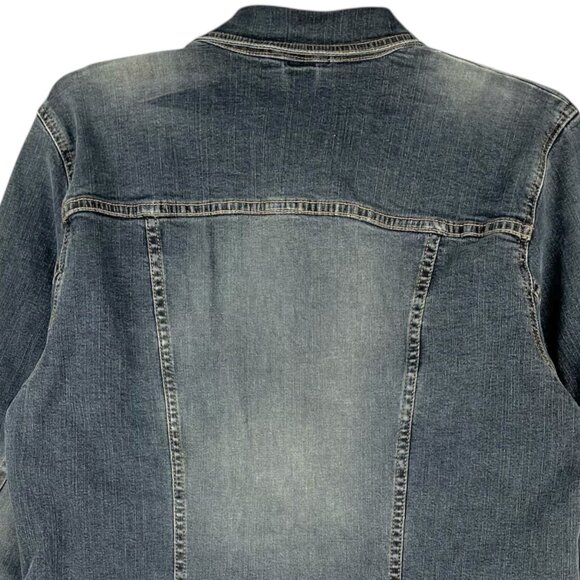 H&M Women's Stretch Dark Wash Blue Denim Jacket Size Medium Button-Up - Picture 4 of 12
